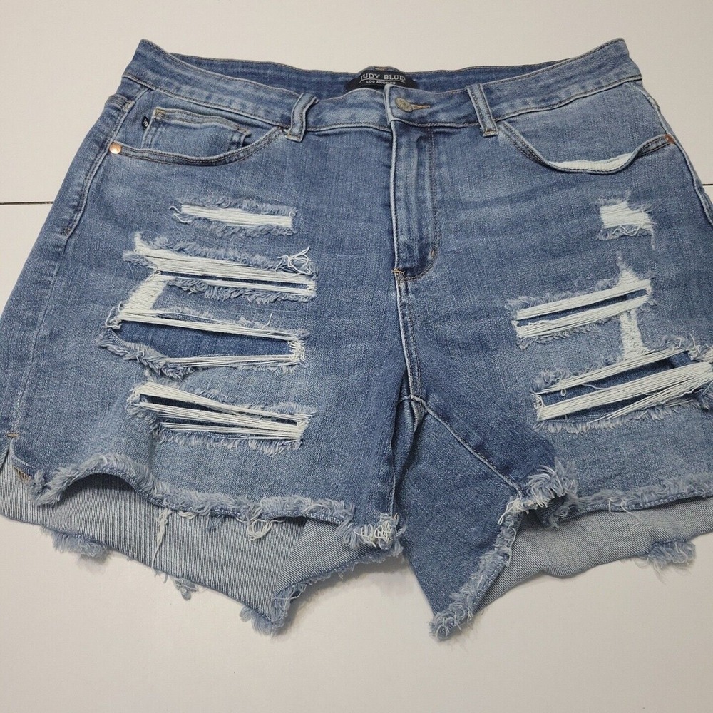 Judy Jean Short Women 2X Blue Denim Patch Reimagined Slit Comfort Stretch Pocket